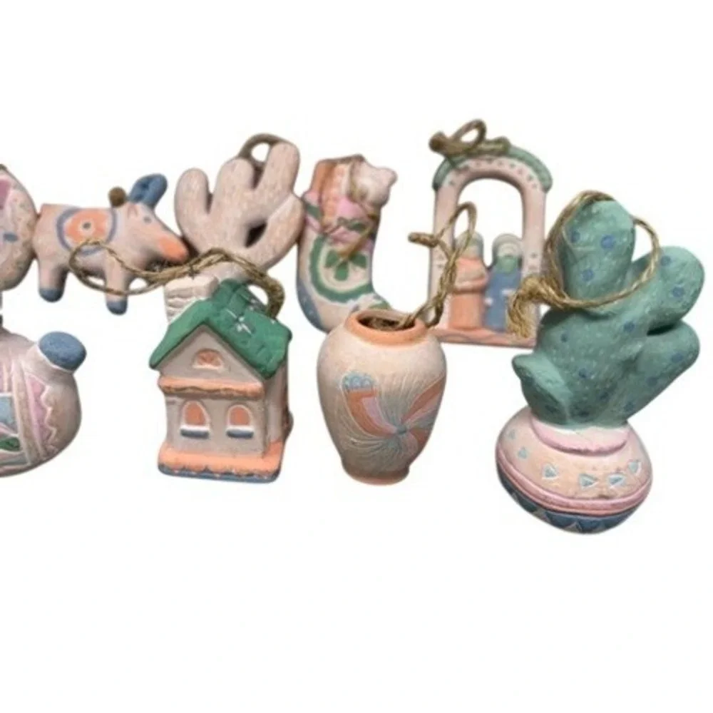 Vintage Southwestern Ceramic Ornaments Set 11 Pastel Terra Cotta Cactus Boot Art
